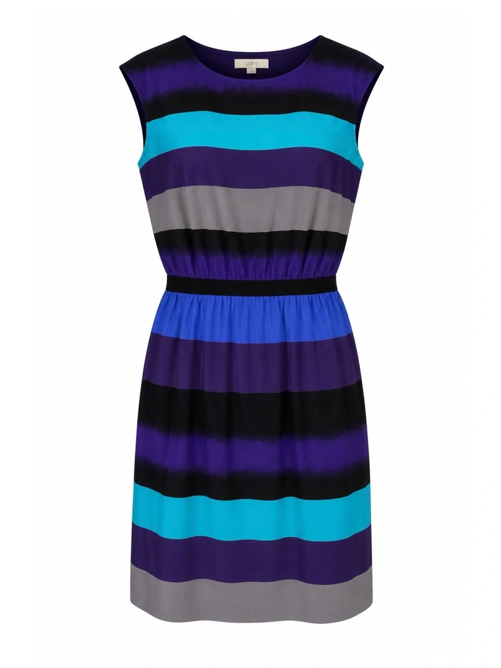 LOFT Multicolor Striped Cap-Sleeve Dress — Turquoise, Purple & Black